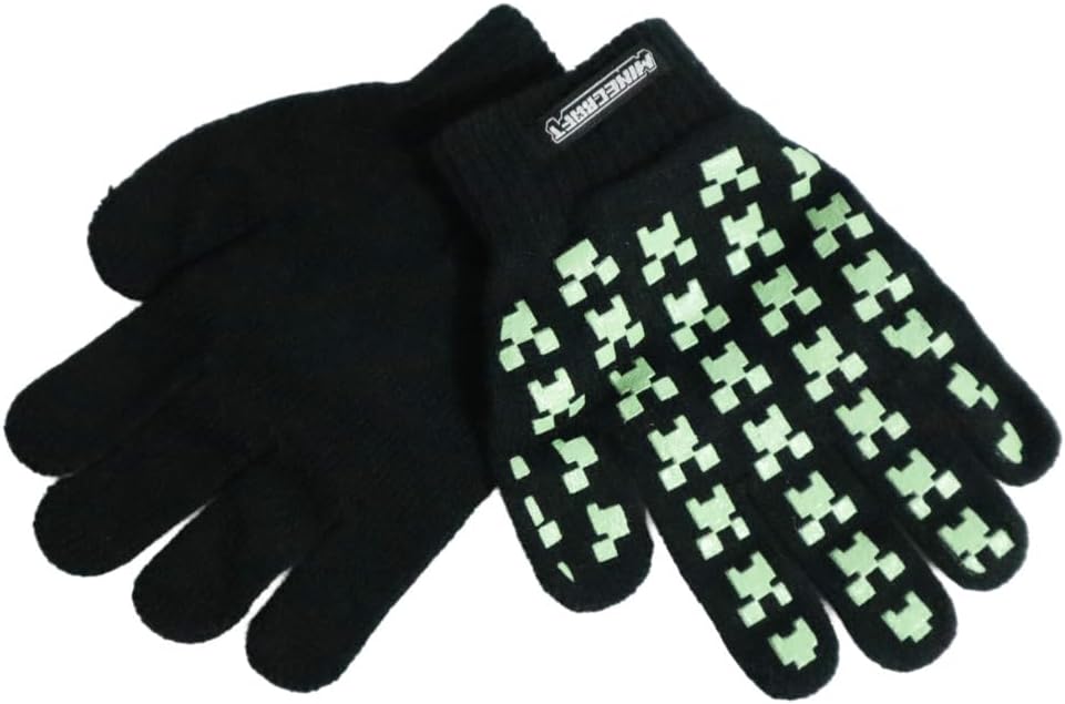 Minecraft Creeper Kinder Handschuhe – Gamer Winterhandschuhe in Grün oder Schwarz – One Size bis ca. 8 Jahre – Weich & Elastisch, Farbe: Schwarz