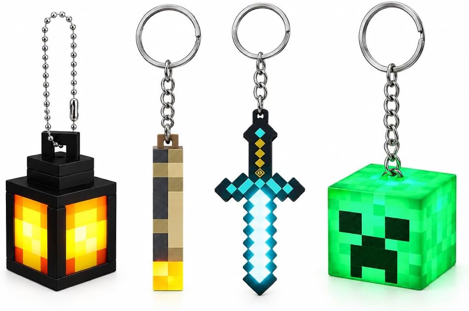 Torch Lamp Key Ring,Keyring Torch Pixel with Lighting, Battery Operated Figures Game Keyring, Pendant 6.5 cm Game Model with Cable and Key Rings, Dia SwordKeyring, Pixelated LanternKeyring